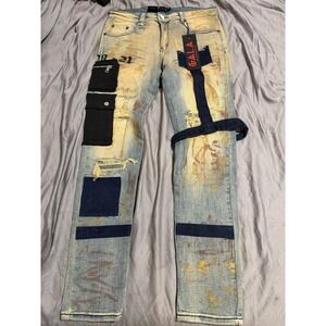 Gala Jeans Mens 34x28 Blue Slim Tapered Distressed‎ Strap Cargo Light Wash Denim